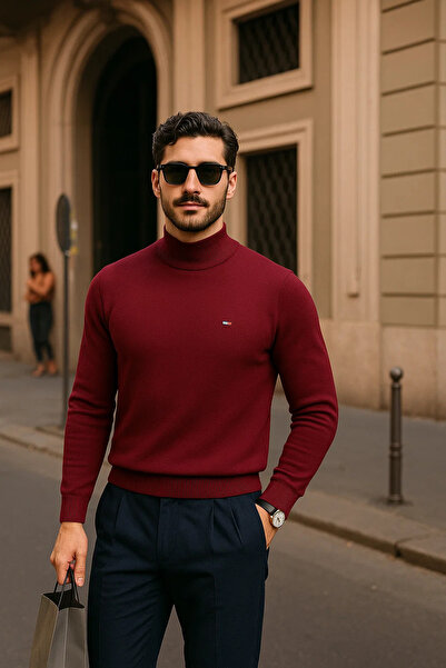 comstar Men's Casual Burgundy Half Turtleneck Sweater