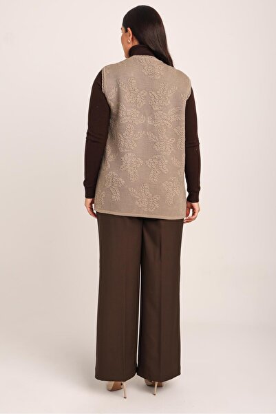 Uludağ Triko Women's Sand Embossed Floral Pattern Pocketed Knitwear Knitted Mother Vest