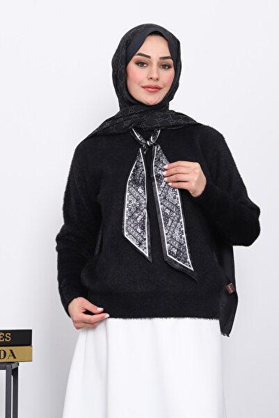 İmajButik Angora Soft Sweater with Black Scarf Detail