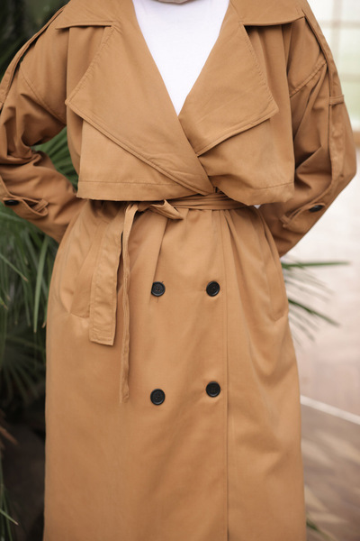 İmajButik Καμελ διπλό πέτο Καμπαρντίνα με επένδυση με γιακά