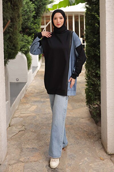İmajButik Black Denim Paneled Modal Tunic