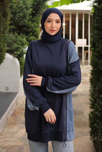 İmajButik Navy Blue Denim Paneled Modal Tunic