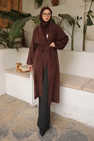 İmajButik Μακριά ζακέτα από ανγκόρα με καφέ ζώνη