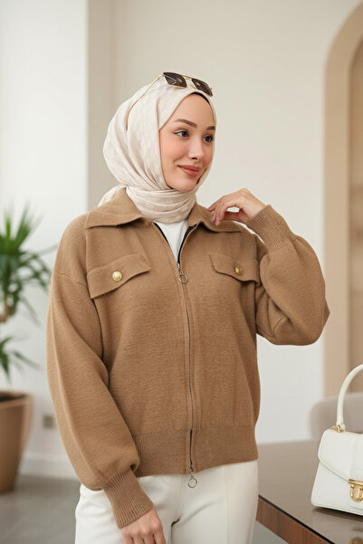 NEWCO Rita Gold Detail Polo Neck Soft Textured Angora Cardigan Stone