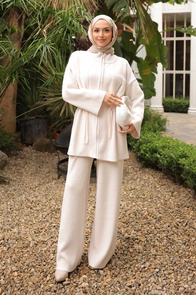 İmajButik Ecru Zippered Angora Soft Cardigan Trouser Set