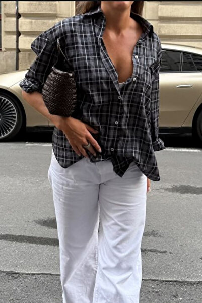 Hola Lady Siyah Ekose Over Fit Gömlek HL7229