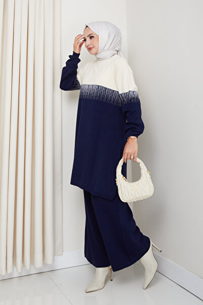 MODAQU Waterway Glitter Knit Tunic Trouser Set - Navy Blue