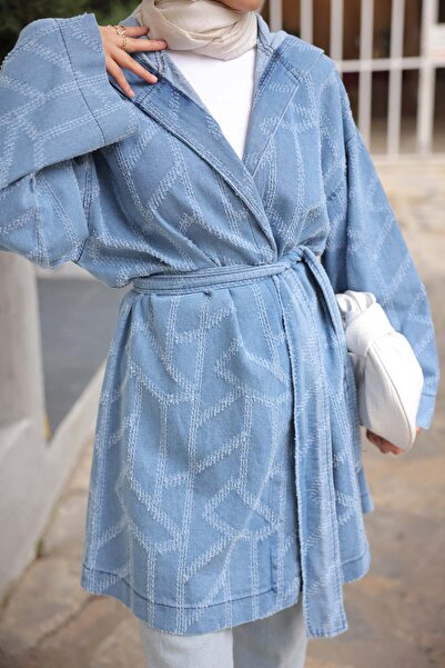 İmajButik Blue Hooded Laser Cut Denim Jacket