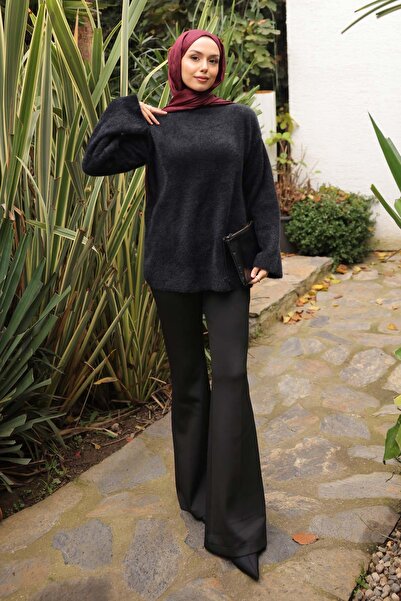 İmajButik Black Mock Neck Angora Soft Knit Sweater