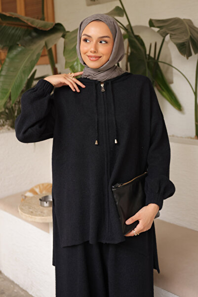 İmajButik Black Angora Soft Cardigan Pants Set