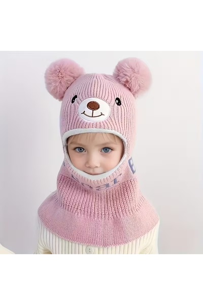 GlassySKY (18 luni-5 ani) Pălărie tricotată pentru fetiță, cu față de urs, mască de iarnă pentru zăpadă și guler