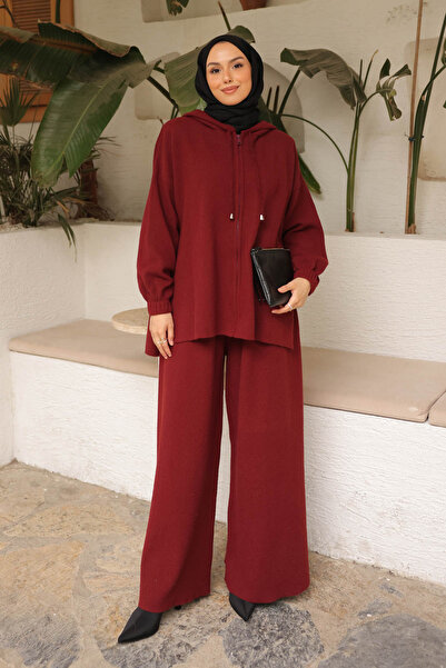 İmajButik Burgundy Angora Soft Cardigan Trouser Set