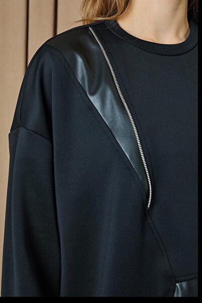 Puane Women's Modal Fabric Zipper and Leather Detailed Asymmetrical Tunic - 10728 - Black