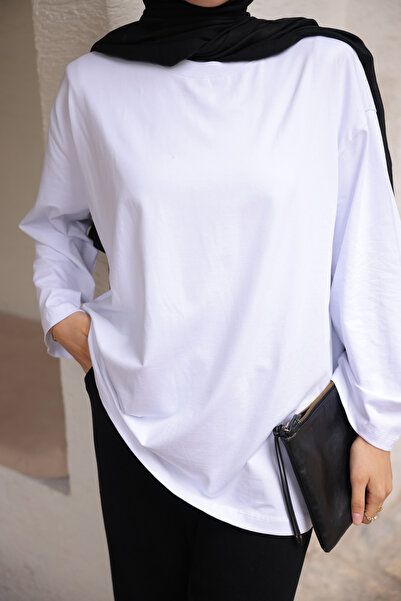 İmajButik Λευκό μπλουζάκι με λαιμόκοψη με oversized μανίκια από λεπτό βαμβακερό χτενισμένο βαμβάκι