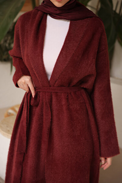 İmajButik Burgundy Belted Long Angora Cardigan