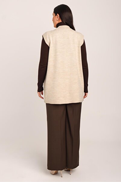 Uludağ Triko Women's Beige Knitwear Knitted Textured Hatuş Winter Mother's Vest