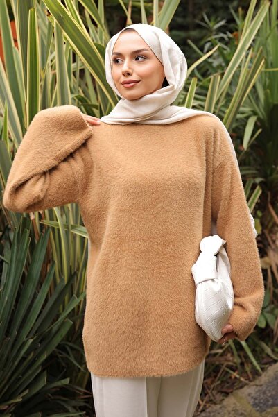 İmajButik Biscuit Mock Neck Angora Soft Knitwear Sweater