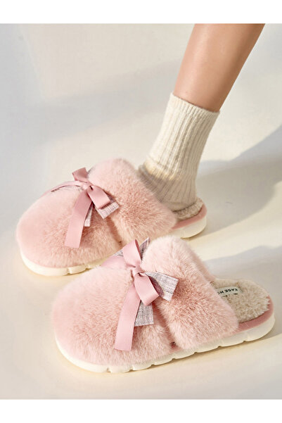 Take Two By Styli Pink Fuzzy Slippers with Bow