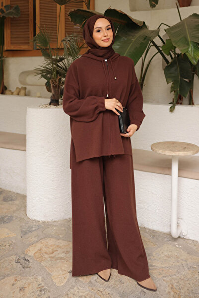 İmajButik Brown Angora Soft Cardigan Pants Set