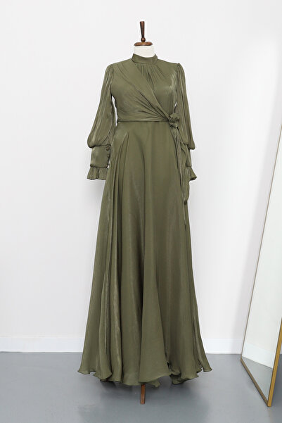 İmajButik Oil Green Side Tie Evening Dress