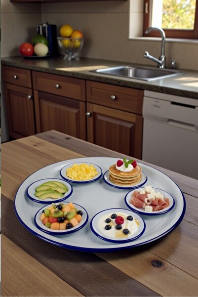 İnci Emaye 7 Piece Large Enamel Breakfast Set, Serving Plate, Breakfast Plate, Jam Bowl, Dowry