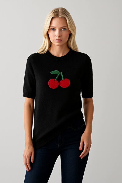 OYERGA MODA Women's Short Sleeve Cherry Patterned Sweater