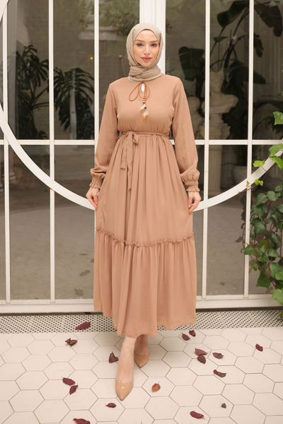 İmajButik Biscuit Skirt Layered Belted Chiffon Dress