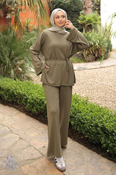 İmajButik Khaki Tie-Waist Tunic with Pants Modal Set