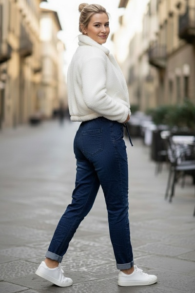 Chiccy Italian Jean Blue Pocketed Varak B Printed Elasticated and Tied Waist Lycra Denim Trousers 100 55