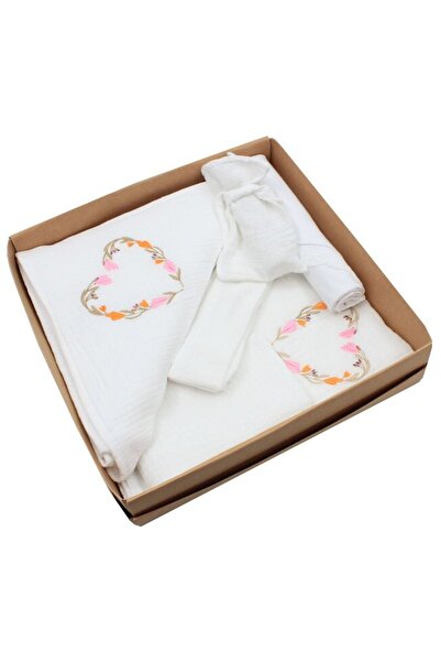 PRICHINDEL Set botez muselină, 7 piese, Deea cu inimă florală, alb