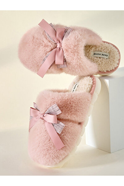 Take Two By Styli Pink Fuzzy Slippers with Bow