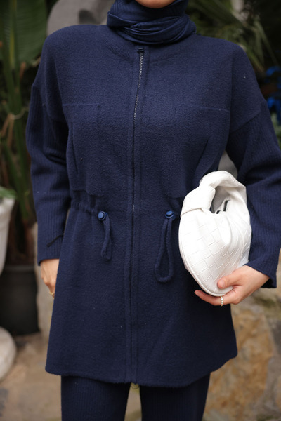 İmajButik Navy Blue Zippered Angora Soft Cardigan Pants Set