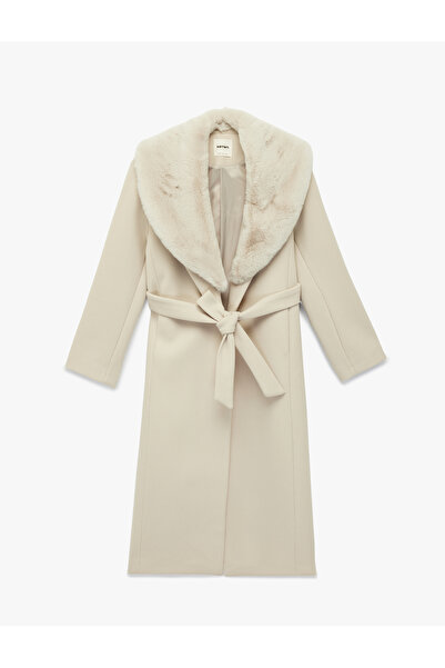 Koton Detachable Faux Fur Collar Coat with Belt Cashmere Long Sleeve