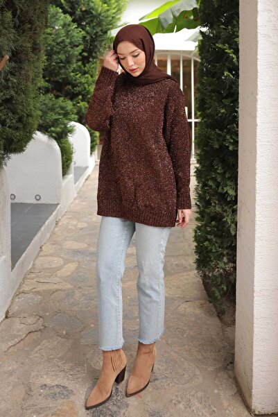İmajButik Brown Crew Neck Glitter Knit Sweater
