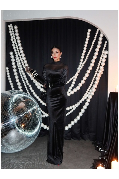 ESRAHELVACI Διαφανές βελούδινο μακρύ φόρεμα ώμου