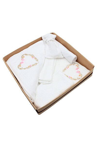 PRICHINDEL Set botez din muselină, 7 piese, Simo cu inimă florală, alb