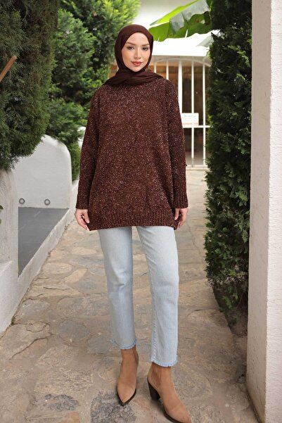 İmajButik Brown Crew Neck Glitter Knit Sweater