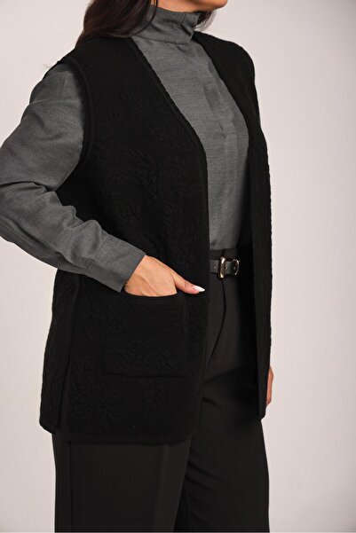 Uludağ Triko Women's Black Embossed Floral Patterned Pocketed Knitwear Knitted Mother Vest