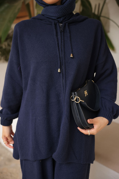 İmajButik Navy Blue Angora Soft Cardigan Pants Set