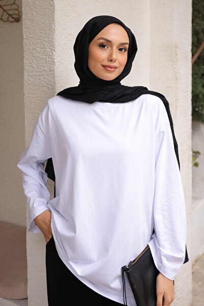 İmajButik Λευκό μπλουζάκι με λαιμόκοψη με oversized μανίκια από λεπτό βαμβακερό χτενισμένο βαμβάκι