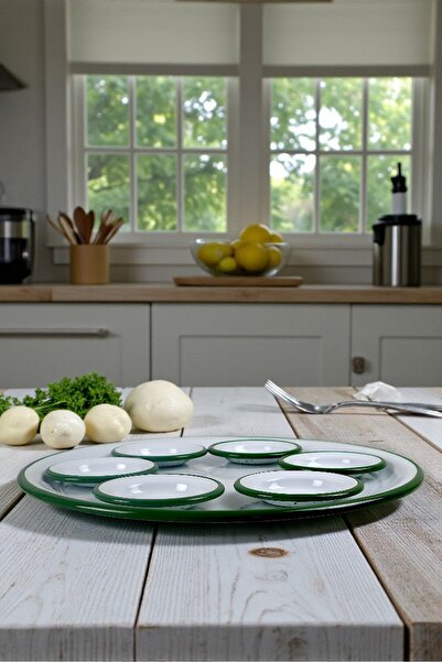 İnci Emaye 7 Piece Large Violet Patterned Enamel Breakfast Set, Serving Plate, Breakfast Plate, Jam Bowl, Dowry