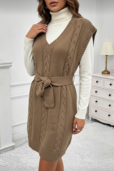 NEWCO V-Neck Sleeveless Knitted Patterned Belted Mini Knitwear Dress Regular