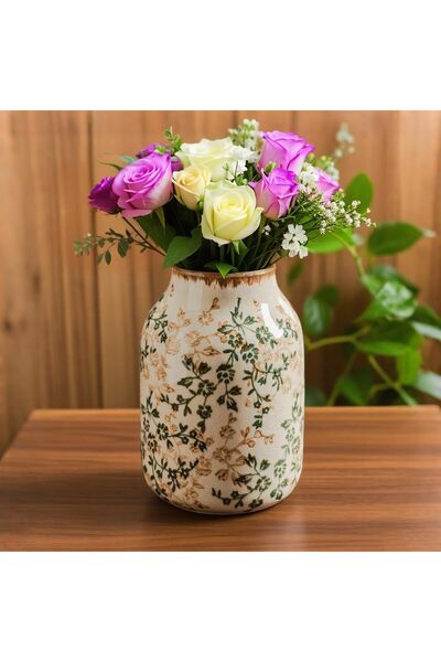 SPNOR Green & Beige Vintage Chinoiserie Ceramic Vase