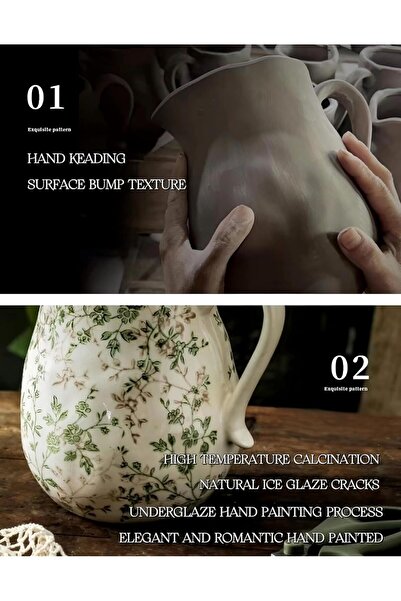NALACAL Floral Ceramic Vintage Pitcher Vase with Handle, Farmhouse Style, Green Flower Pattern (8 in