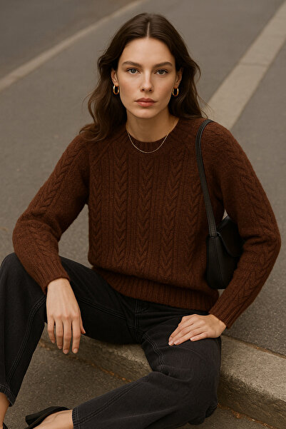 Rich Women's Brown Knitted Patterned Long Sleeve Soft Textured Crew Neck Knitwear Sweater