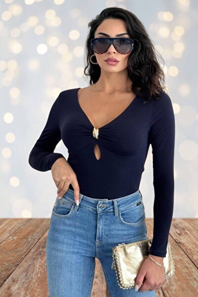 Moda Amore Women's V-Neck Gold Detailed Long Sleeve Blouse – Black, Coffee, White, Burgundy 10136