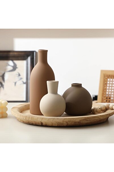 Heifgott Ceramic Vase Set of 3 - Rustic Farmhouse Decorative Pottery Vases for Pampas Grass, Brown