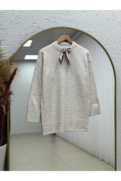 MİHRA STORE Asuman Scarf with Elastic Bottom Knitwear Sweater-Kr5069 Stone