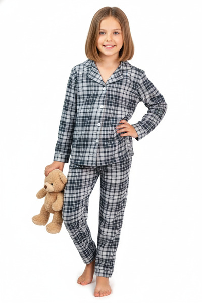 Zekalya Mother Daughter (Sold Separately) Checkered Plaid Patterned Suede Fabric Gray Pajama Set