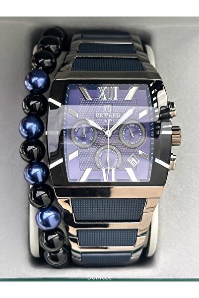 Reward Men's Watch, Steel-Silicone Band, Functions Active, Navy Blue, with Calendar, in Stylish Box, Bracelet Gift